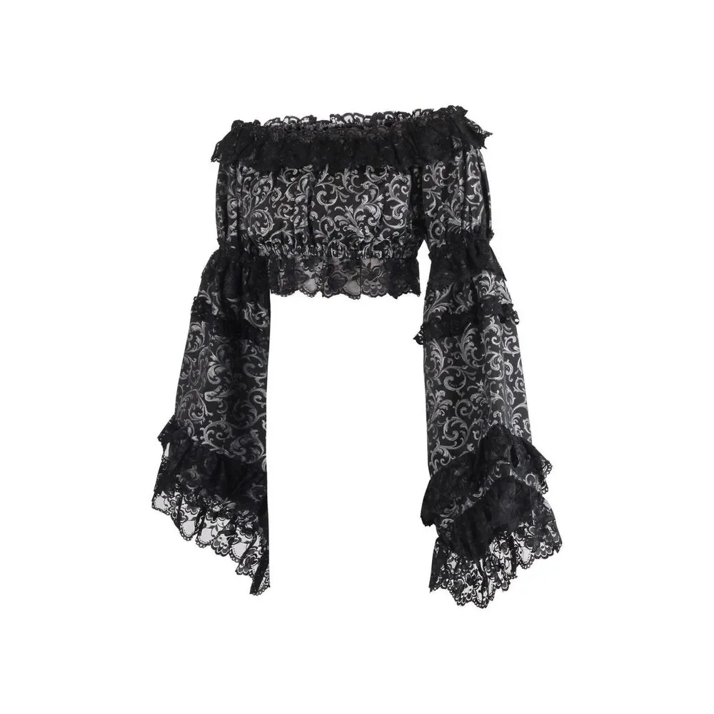 Silver/Black Brocade Smocked Flare Sleeve Peasant Top - Picture 2 of 3